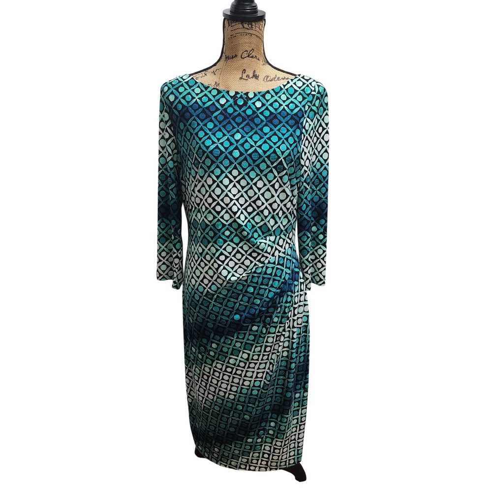 Jessica Howard Geometric Print Sheath Dress Teal Blue White Black Size‎ 14